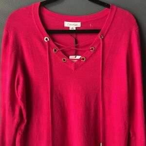 💗 NWT CALVIN KLEIN top Women's Hot Pink Lace-Up Top long sleeved medium new